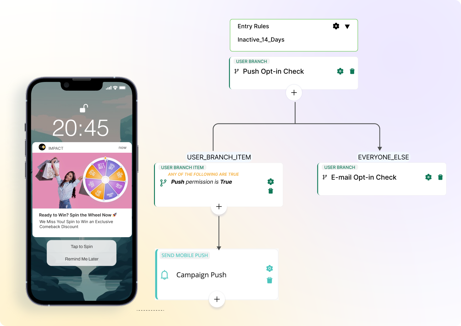 A marketing automation flowchart showing a "Spin the Wheel" push notification. The logic branches from "Inactive 14 Days" to a push opt-in check, resulting in a mobile campaign push.