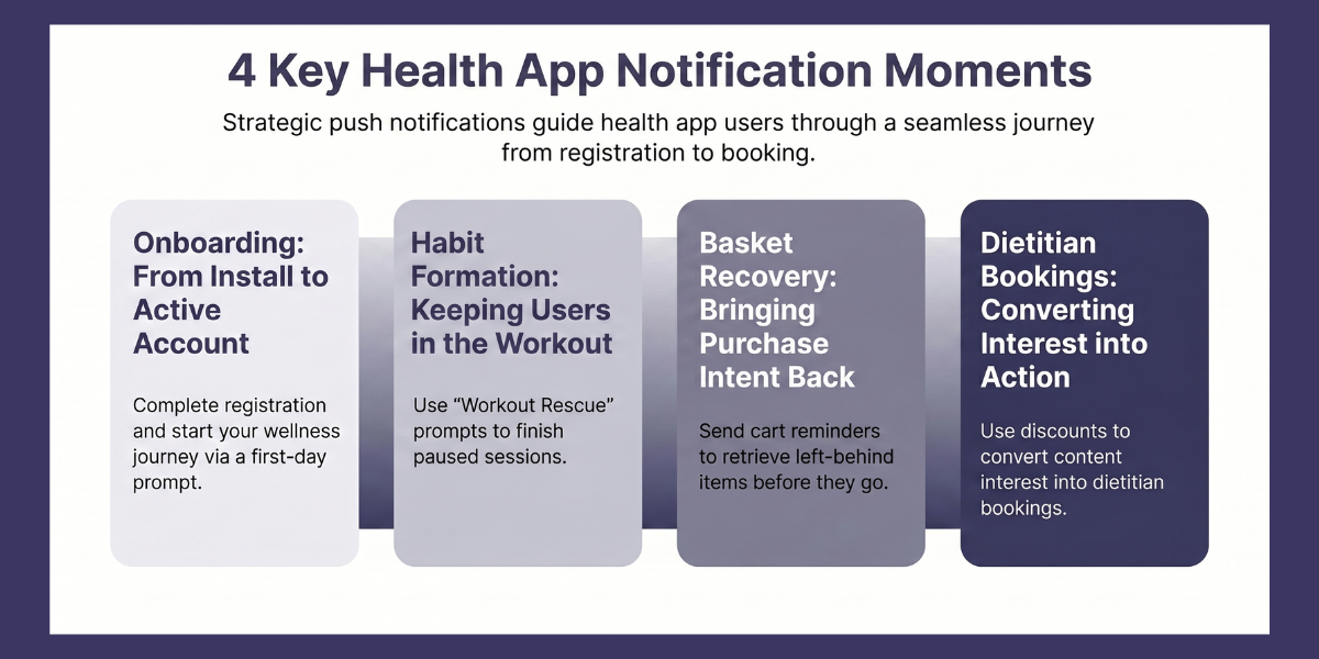 An infographic titled "4 Key Health App Notification Moments" showcasing four stages: Onboarding, Habit Formation, Basket Recovery, and Dietitian Bookings, each with brief strategic goals.