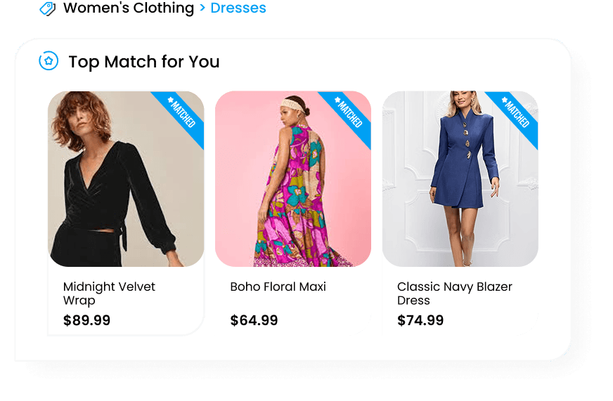 A personalized shopping widget labeled "Top Match for You" displaying three dresses with prices and blue "Matched" tags: Midnight Velvet Wrap, Boho Floral Maxi, and Classic Navy Blazer Dress.