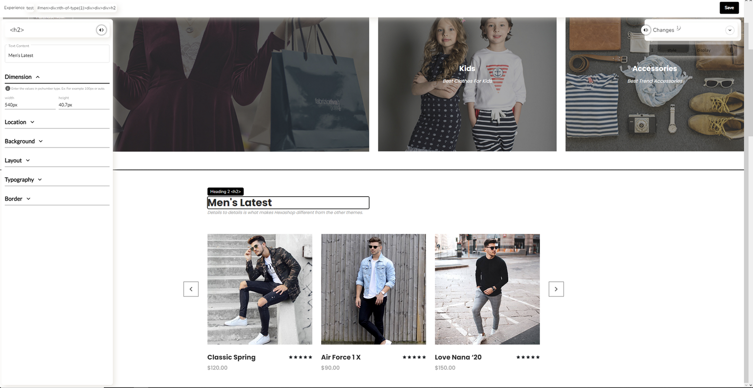 A website builder interface editing an e-commerce page. A sidebar tool modifies an <h2> heading element titled "Men's Latest", which sits above a product carousel showcasing men's apparel.