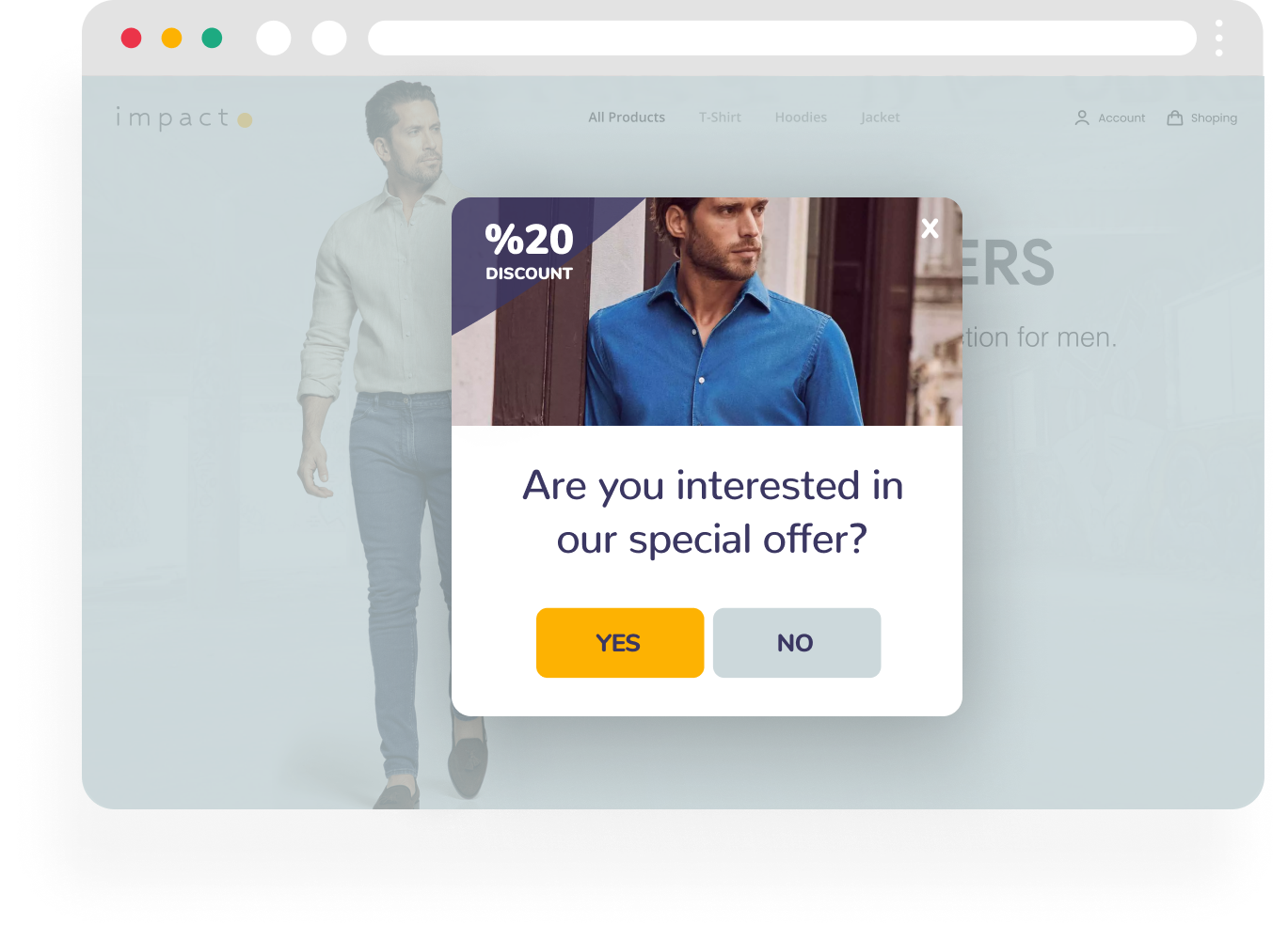 A mockup of an e-commerce website showing a promotional pop-up window. The pop-up features a %20 discount offer, a photo of a man in a blue shirt, and "YES" or "NO" selection buttons.