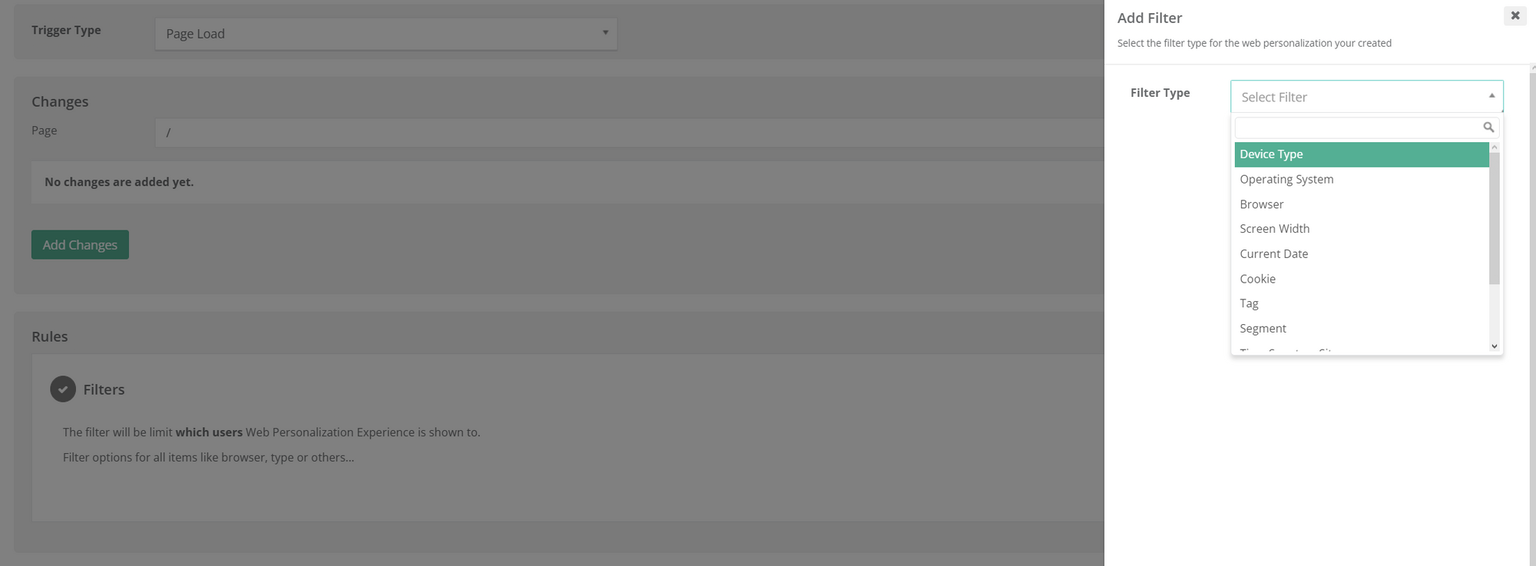 Netmera panel's "Add Filter" menu for web personalization, showing a dropdown list with criteria like Device Type, Operating System, Browser, Screen Width, Current Date, Cookie, Tag, and Segment.