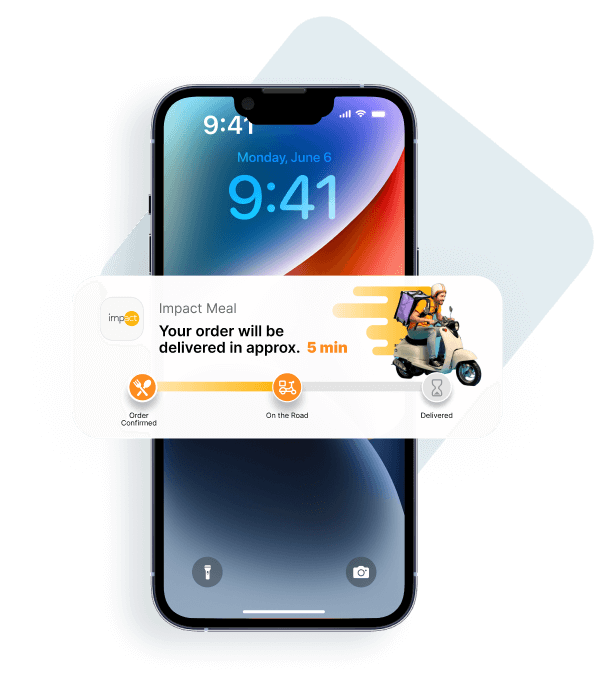 iPhone Lock Screen showing an Impact Meal order tracking Live Activity, with a progress bar and 5-minute delivery estimate alongside a delivery scooter icon.