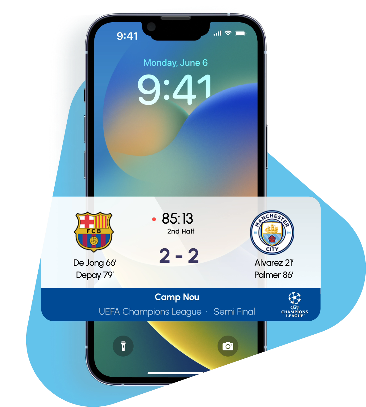 iPhone Lock Screen showing a live football match score update via Live Activities, with two club crests, a 2-2 scoreline, scorer names, and match time displayed.