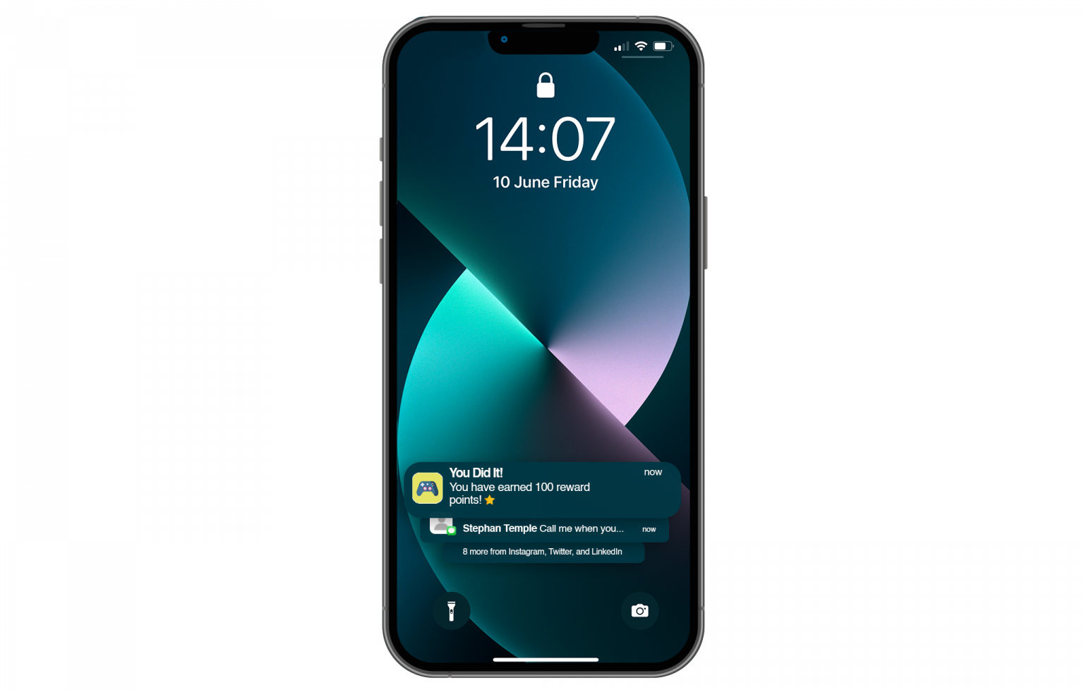 iPhone Lock Screen showing two stacked push notifications, a rewards redemption confirmation and a missed call alert, layered above the time display.