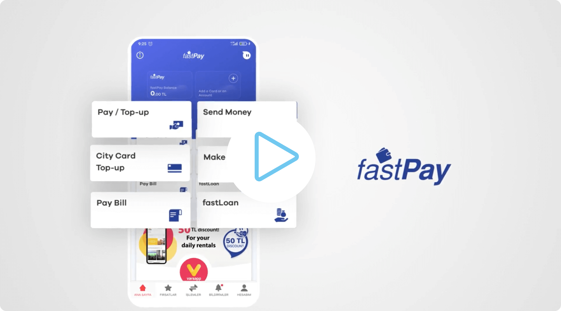 A visual representation of a smartphone screen showing the Fastpay casino app interface, highlighting game categories and the deposit button.