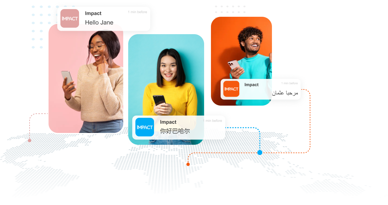 Three people holding smartphones look happy against colorful backgrounds, overlaid with personalized "Impact" app push notifications in English, Chinese, and Arabic, mapped to locations on a world map graphic below.