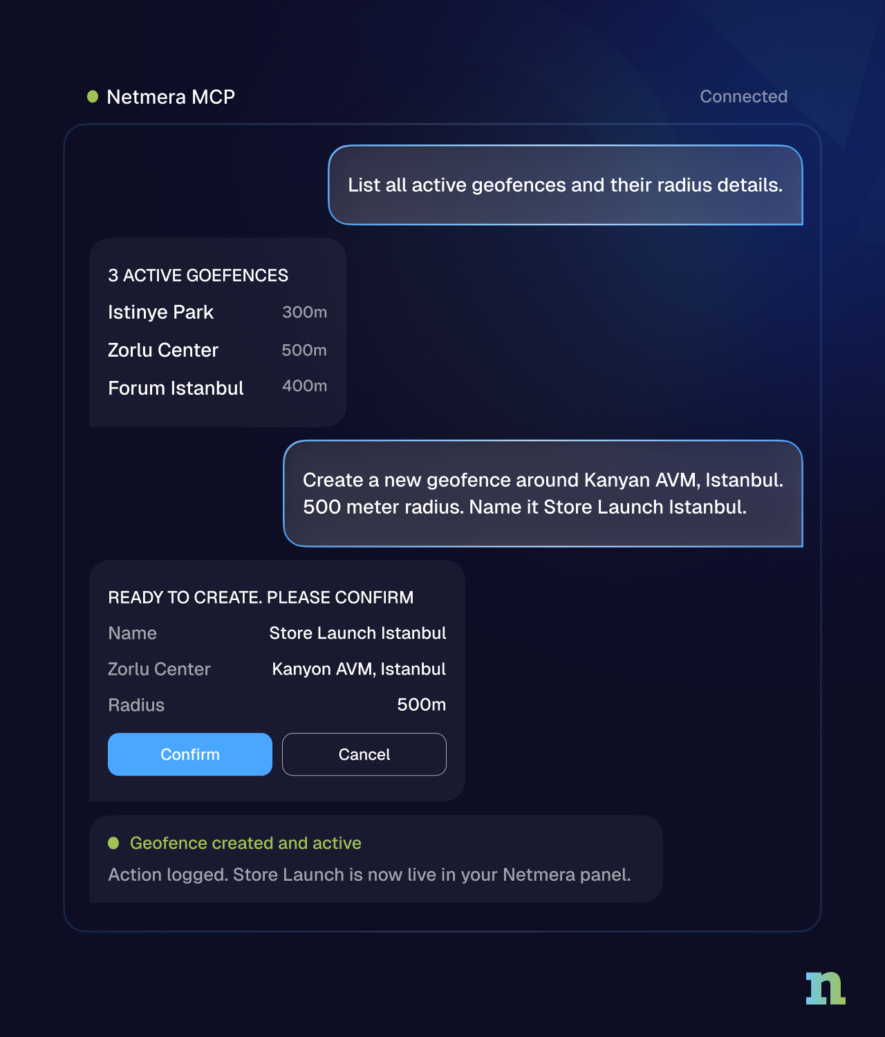 Chat interface showing an AI assistant listing active geofences with their radius details, then creating a new geofence around a shopping mall in Istanbul after user confirmation.