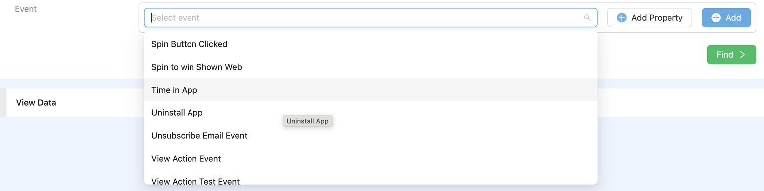 Netmera panel interface showing an 'Event' search field with an open dropdown menu. Listed tracking options include 'Spin Button Clicked', 'Time in App', and 'Uninstall App'.