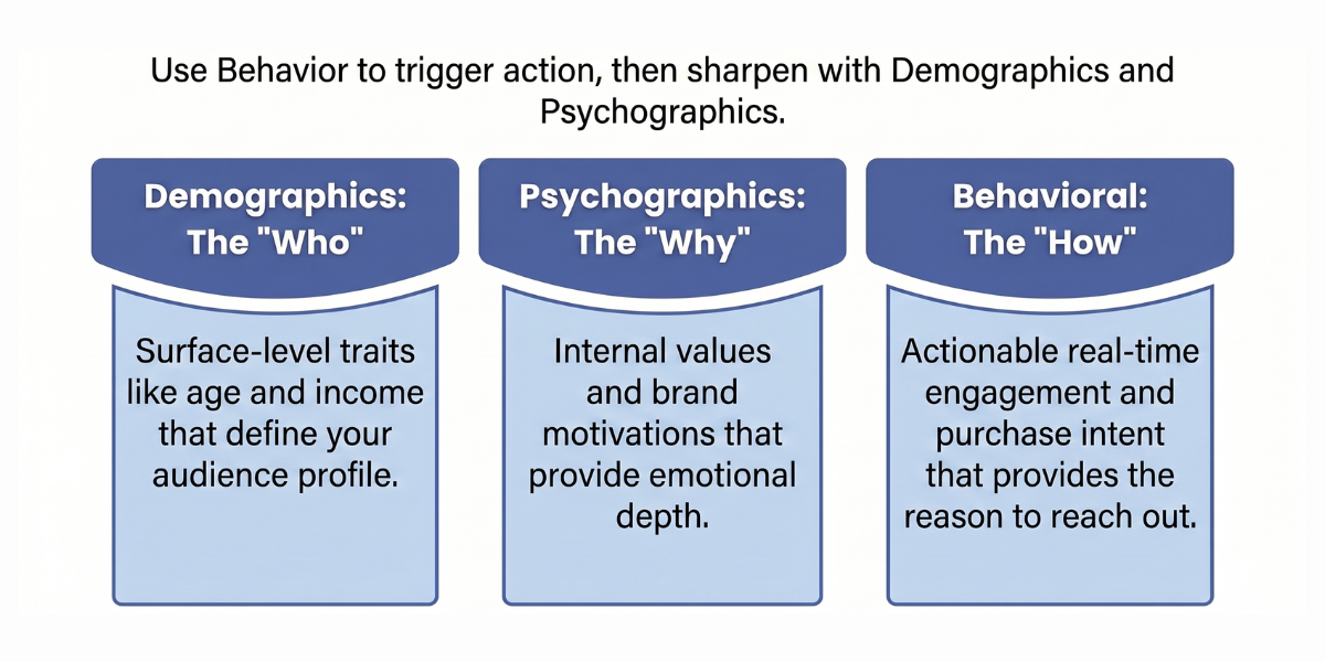 Marketing graphic: Three pillars define audience data. Demographics (The 'Who': traits like age/income), Psychographics (The 'Why': internal values), and Behavioral (The 'How': real-time engagement).