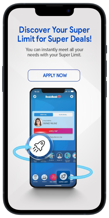 A mobile phone screen displays an in-app promotion for a "Super Limit," asking the user to "Apply Now" to discover super deals.
