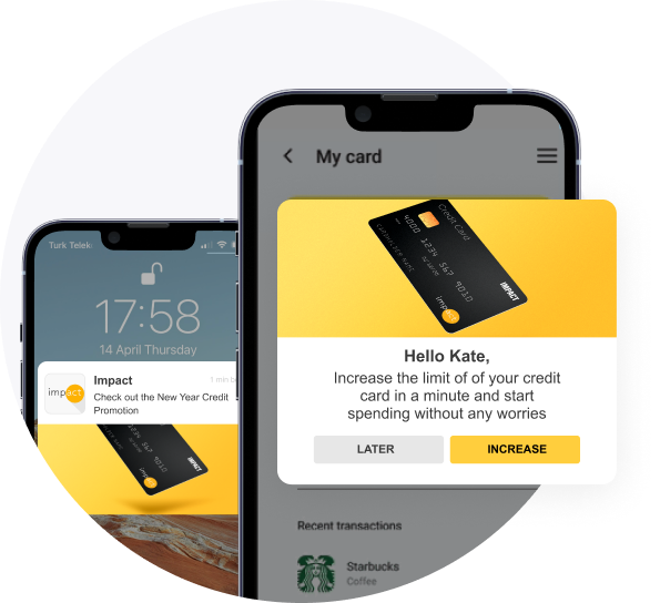 A mobile screen shows a "My card" section with a pop-up offering to increase the credit limit. Another phone shows a lock screen push notification for a "New Year Credit Promotion."