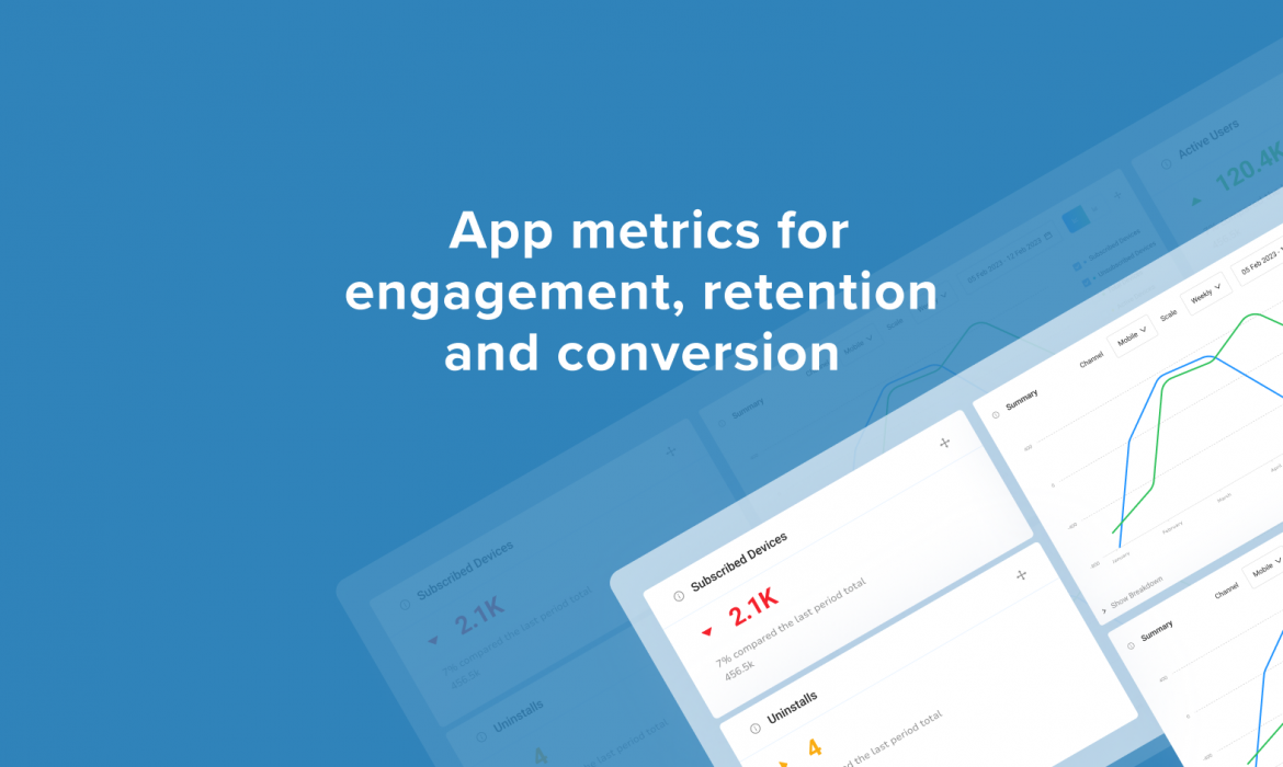 Blue banner image with dashboard elements and white text overlay reading: "App metrics for engagement, retention and conversion".