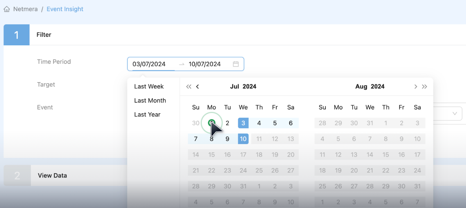 Screenshot of the Netmera "Event Insight" dashboard filter showing a calendar interface where a user is selecting a date range for a specific event.