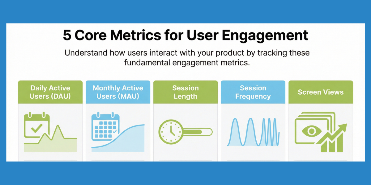 Infographic listing "5 Core Metrics for User Engagement": Daily Active Users (DAU), Monthly Active Users (MAU), Session Length, Session Frequency, and Screen Views, each with an icon.