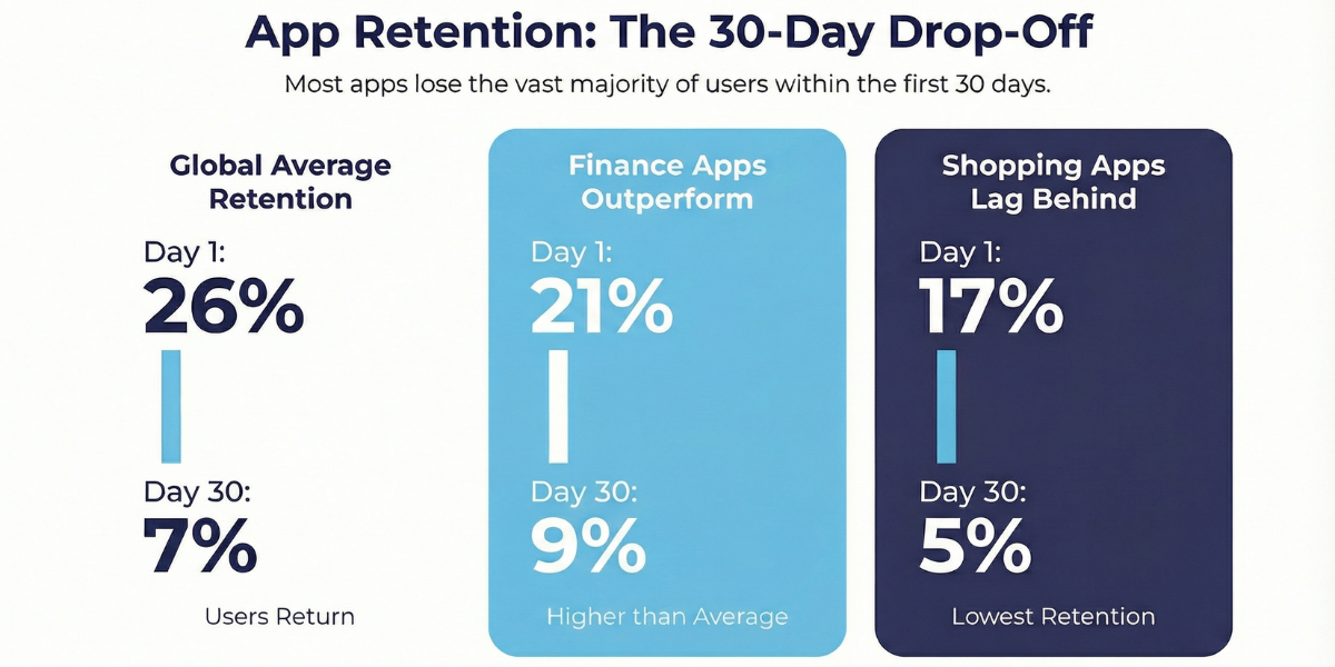 Infographic on "App Retention: The 30-Day Drop-Off": Global Average Retention (Day 1: 26%, Day 30: 7%), Finance Apps (Day 1: 21%, Day 30: 9%), Shopping Apps (Day 1: 17%, Day 30: 5%).