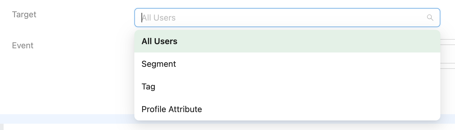 Netmera interface showing Target dropdown menu with 'All Users' selected and expanded options including Segment, Tag, and Profile Attribute. Event field visible on left side of the targeting configuration panel.