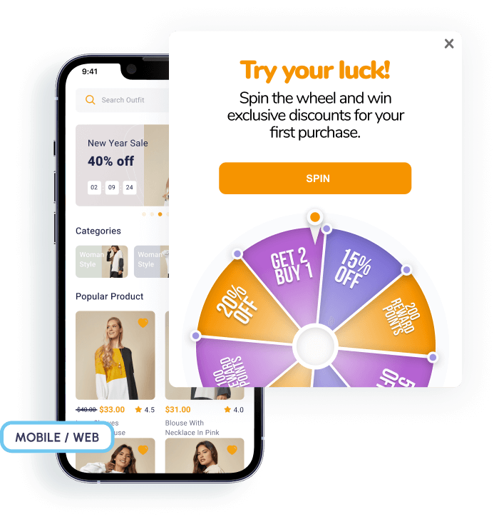 
A smartphone displaying an e-commerce website with a promotional pop-up overlay that reads "Try your luck!" and features a spinning prize wheel with various discounts (15%, 20%, 50% off) and rewards.