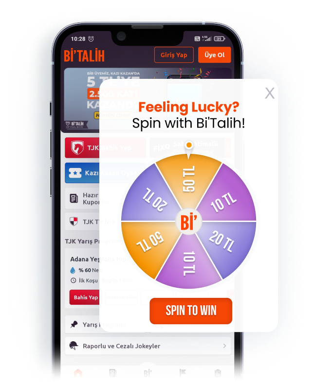 
A mobile phone displaying the Bi'Talih app with a pop-up window reading "Feeling Lucky? Spin with Bi'Talih!" that features a prize wheel offering various Turkish Lira (TL) rewards.