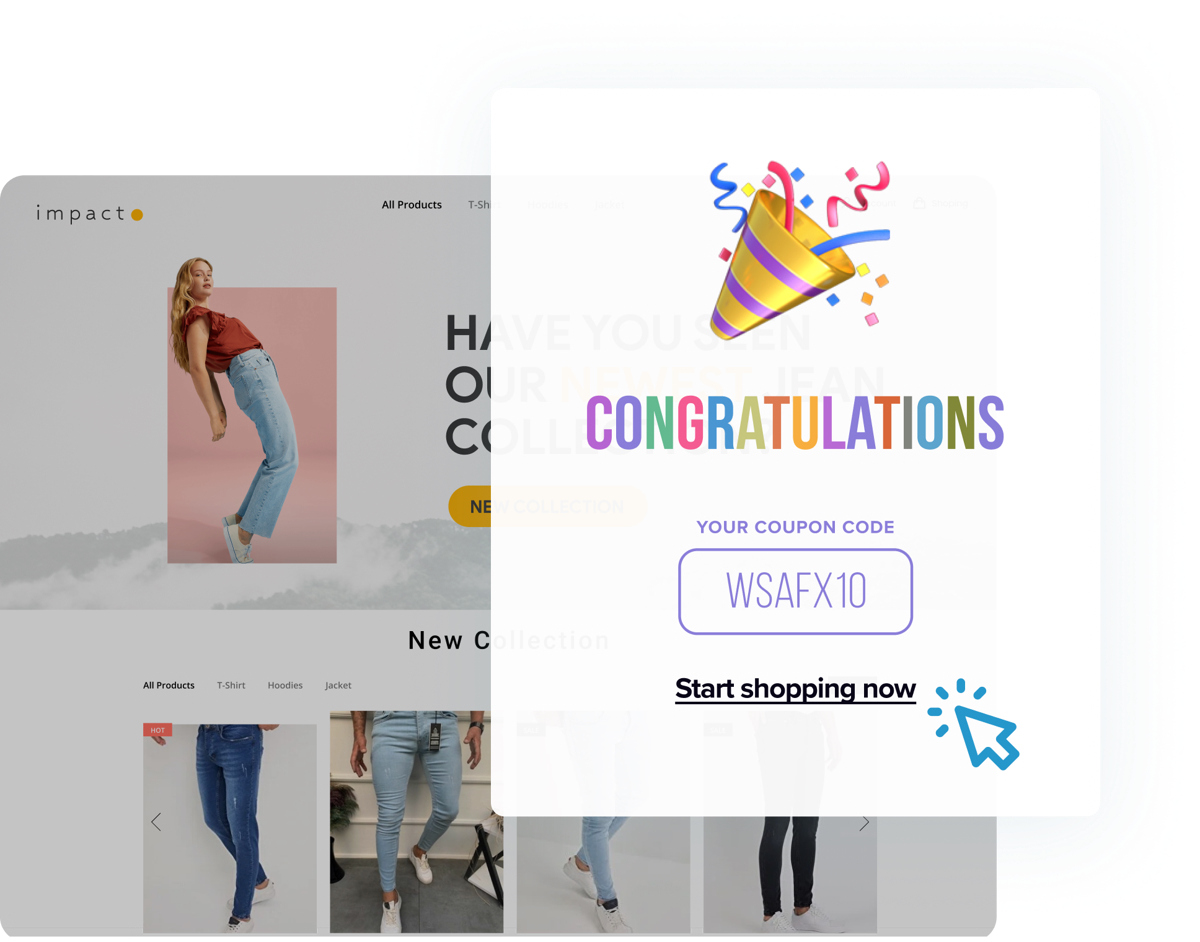 A desktop browser view of an e-commerce site with a celebratory pop-up overlay showing a party hat, "CONGRATULATIONS," a coupon code "WSAFX10," and a call-to-action to "Start shopping now."