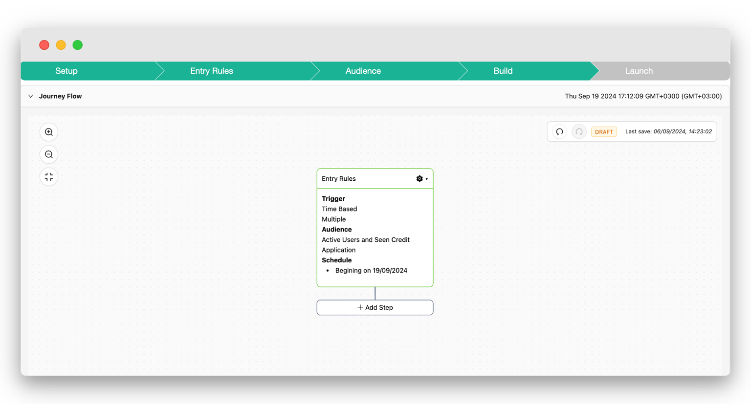 Netmera journey flow builder interface showing campaign setup progress bar with Setup, Entry Rules, Audience, Build, and Launch stages. Entry Rules card displays trigger configuration with time-based, multiple options, targeting active users with seen credit application, scheduled to begin 19/09/2024. Add Step button visible below.