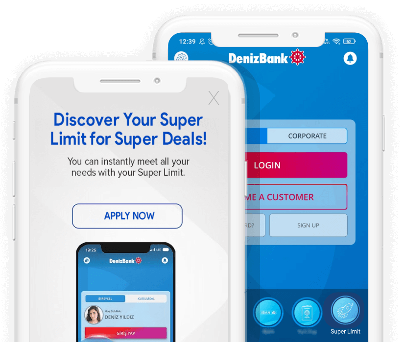 Two mobile phone screens showing DenizBank app. Left screen displays pop-up message 'Discover Your Super Limit for Super Deals!' with 'Apply Now' button and preview of credit card interface. Right screen shows app home with Corporate, Login, and 'Are a Customer' buttons, plus bottom navigation for Super unit features.
