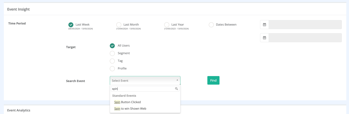 A screenshot of the Netmera platform's "Event Insight" section, showing options for selecting a Time Period, a Target (All Users, Segment, Tag, Profile), and searching for an Event, with "Spin Button Clicked" and "Spin to win Shown Web" visible in the dropdown.