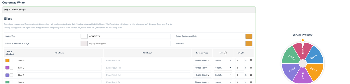 
A screenshot of the Netmera platform's "Customize Wheel" interface, showing "Step 1: Wheel design" with fields to define slices (Color/Text, Slice Name, Win Result, Coupon Code, Link, Weight) and a "Wheel Preview" graphic.