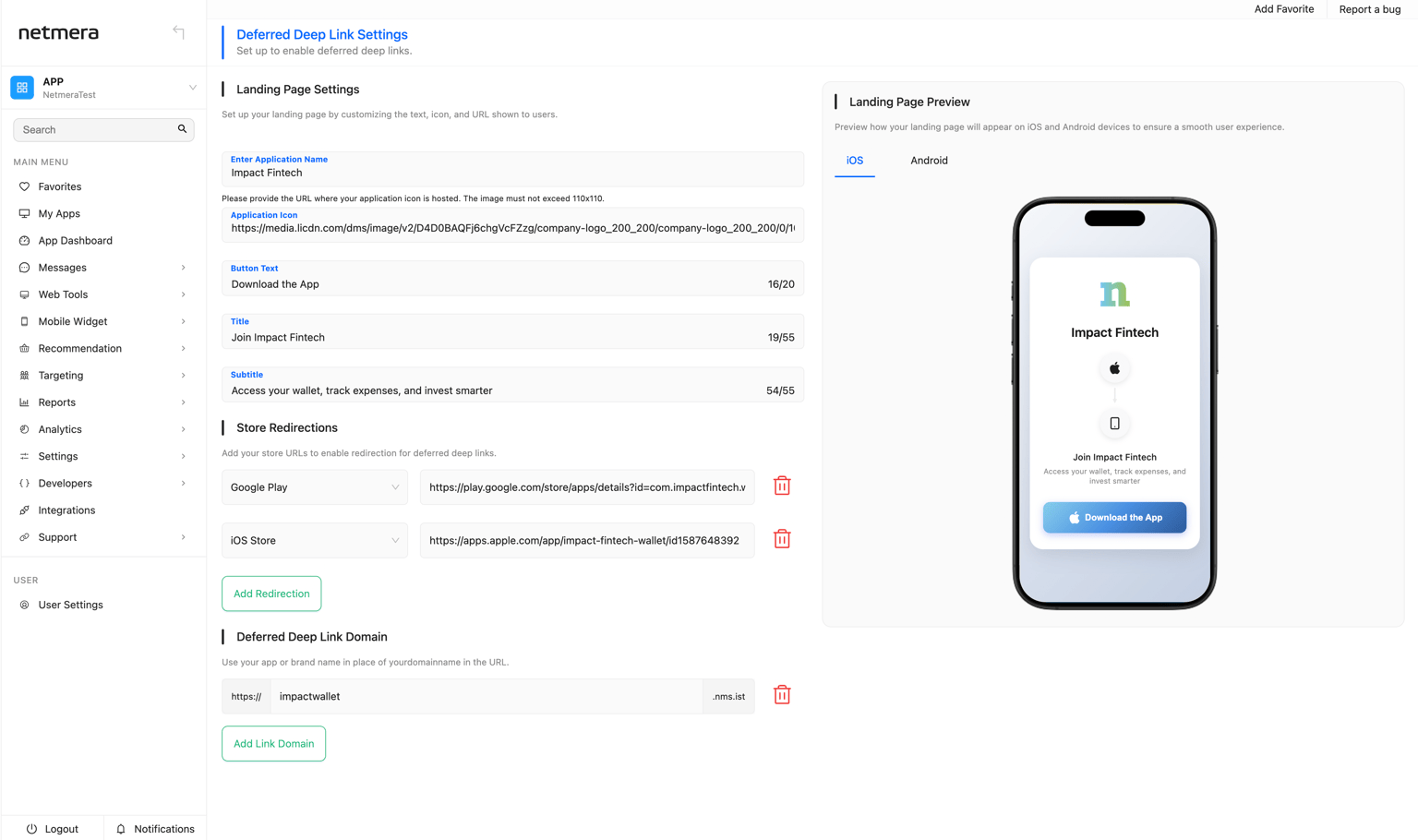 A screenshot of the Netmera platform's Deferred Deep Link Settings. It shows configuration fields for the Landing Page, redirection URLs for Google Play and iOS stores, and a Landing Page Preview on a mobile screen mockup.
