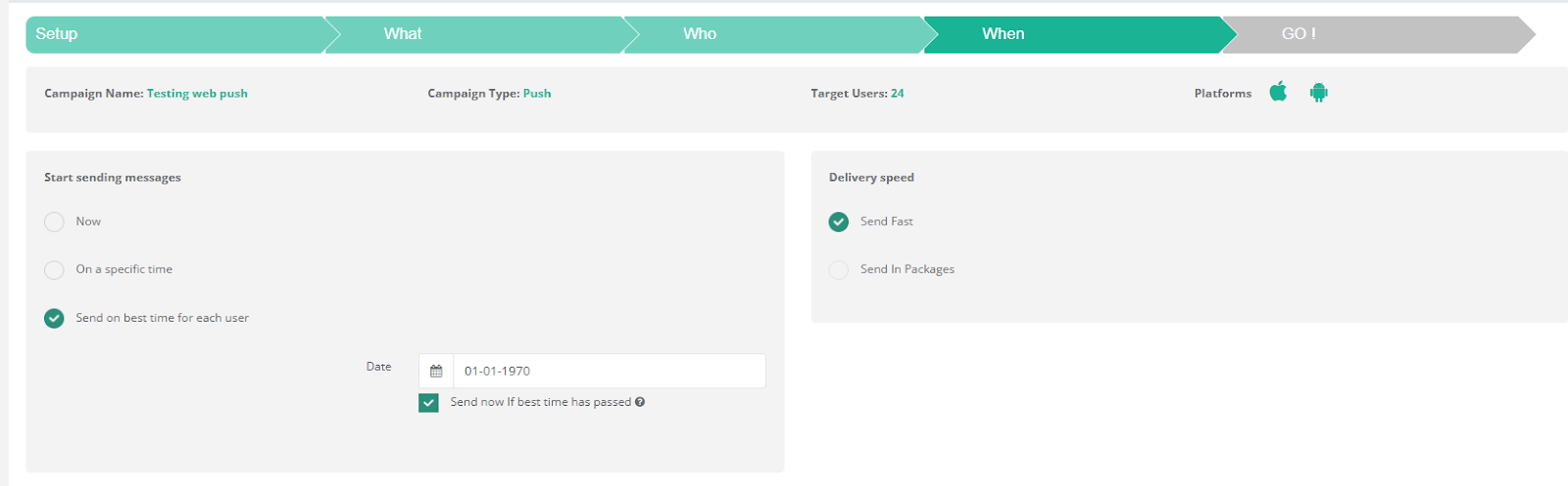 Netmera’s interface displays the configuration screen for a push notification campaign, showing detailed scheduling options and emphasizing the “send at best time” feature to optimize delivery for each user.