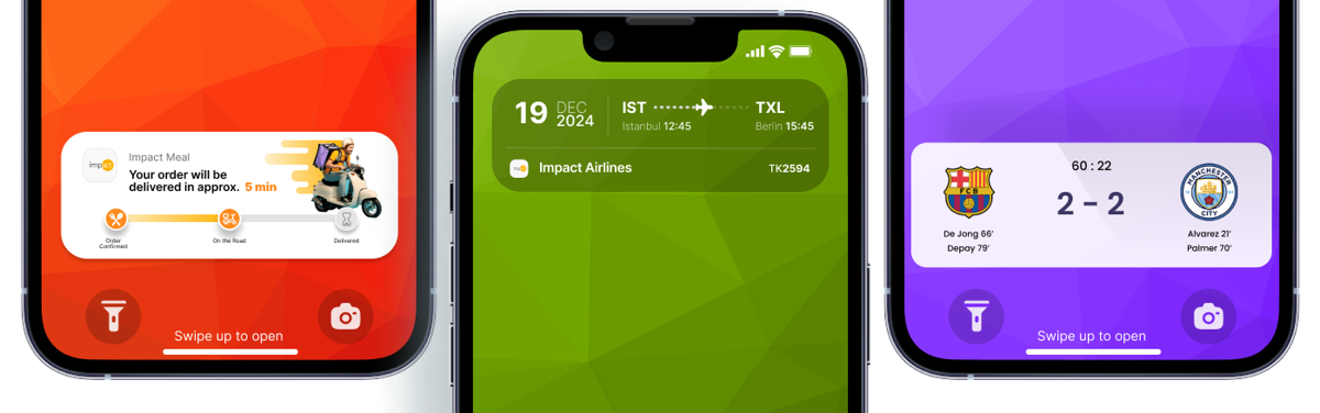 An image showing three different examples of a mobile phone's lock screen displaying Live Activities. The examples are for food delivery tracking, flight status updates, and a live sports score. 