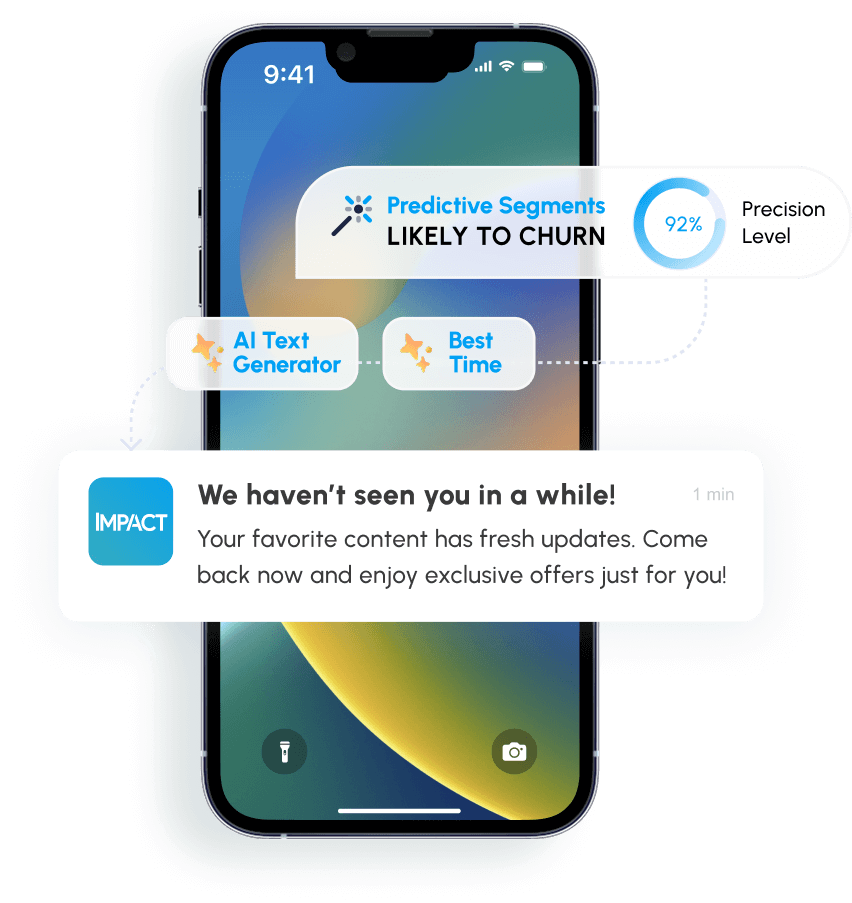 Smartphone lock screen with an AI-driven notification to a user "Likely to Churn," featuring a 92% precision level indicator, an AI text generator, and a "Best Time" delivery optimization.