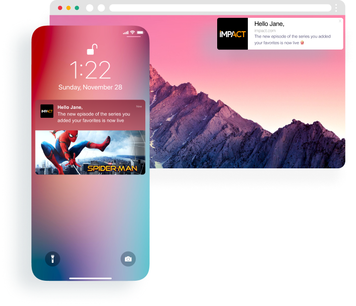 A mobile lock screen and desktop browser displaying personalized push notifications from IMPACT addressed to "Jane" regarding a new episode of a favorited series.