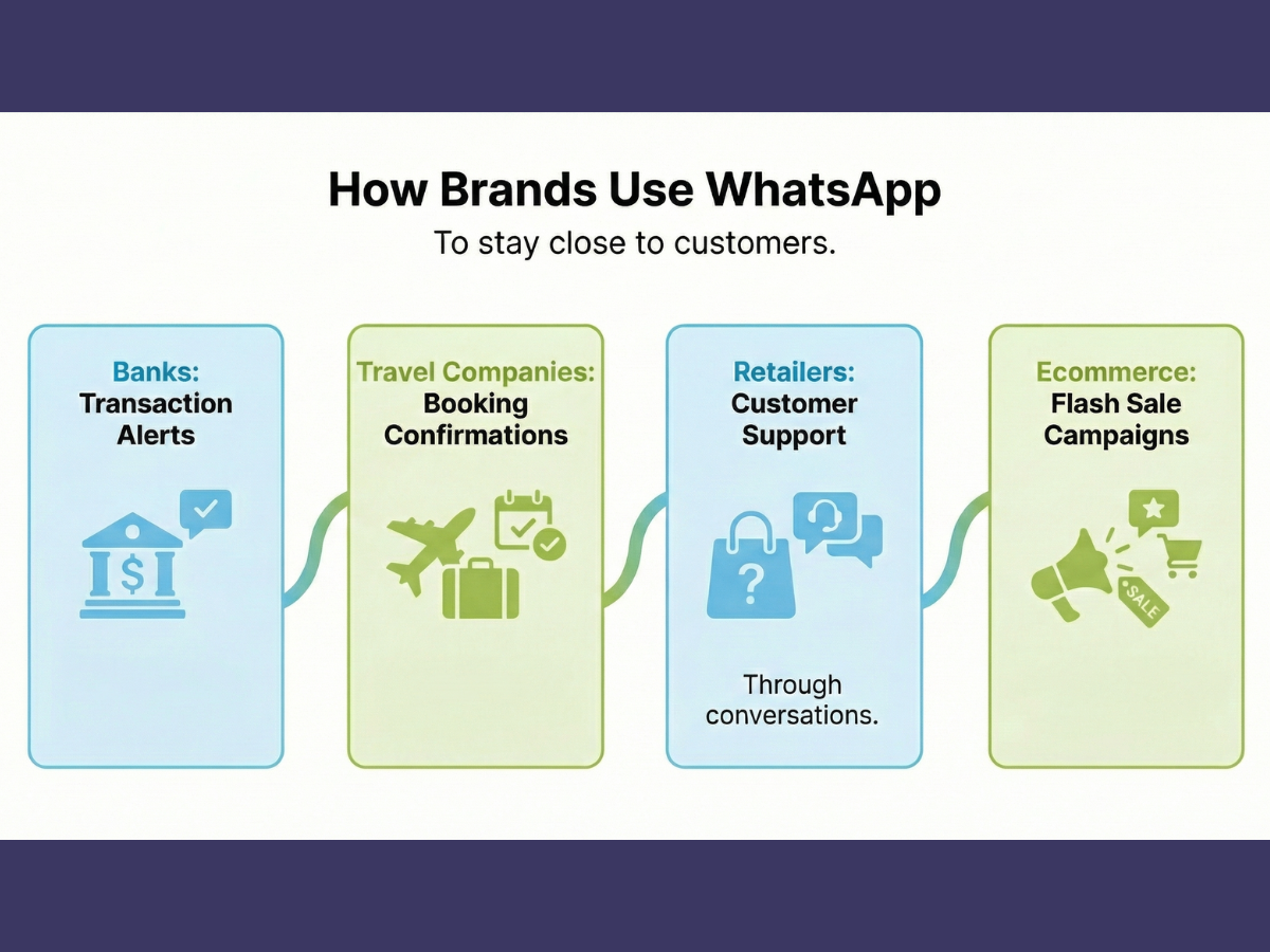 Infographic titled "How Brands Use WhatsApp". It lists uses for four industries: Bank transaction alerts, travel booking confirmations, retail customer support, and ecommerce flash sales.