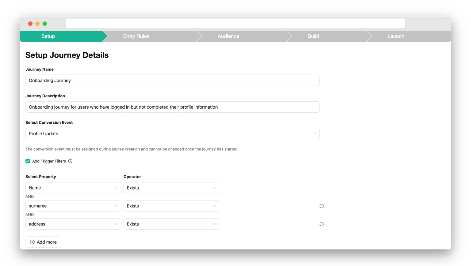 A screenshot of a journey builder platform titled "Setup Journey Details." The page shows the setup for an "Onboarding Journey" triggered by the "Profile Update" conversion event. It includes trigger filters to check if properties like "Name," "surname," and "address" all "Exists."