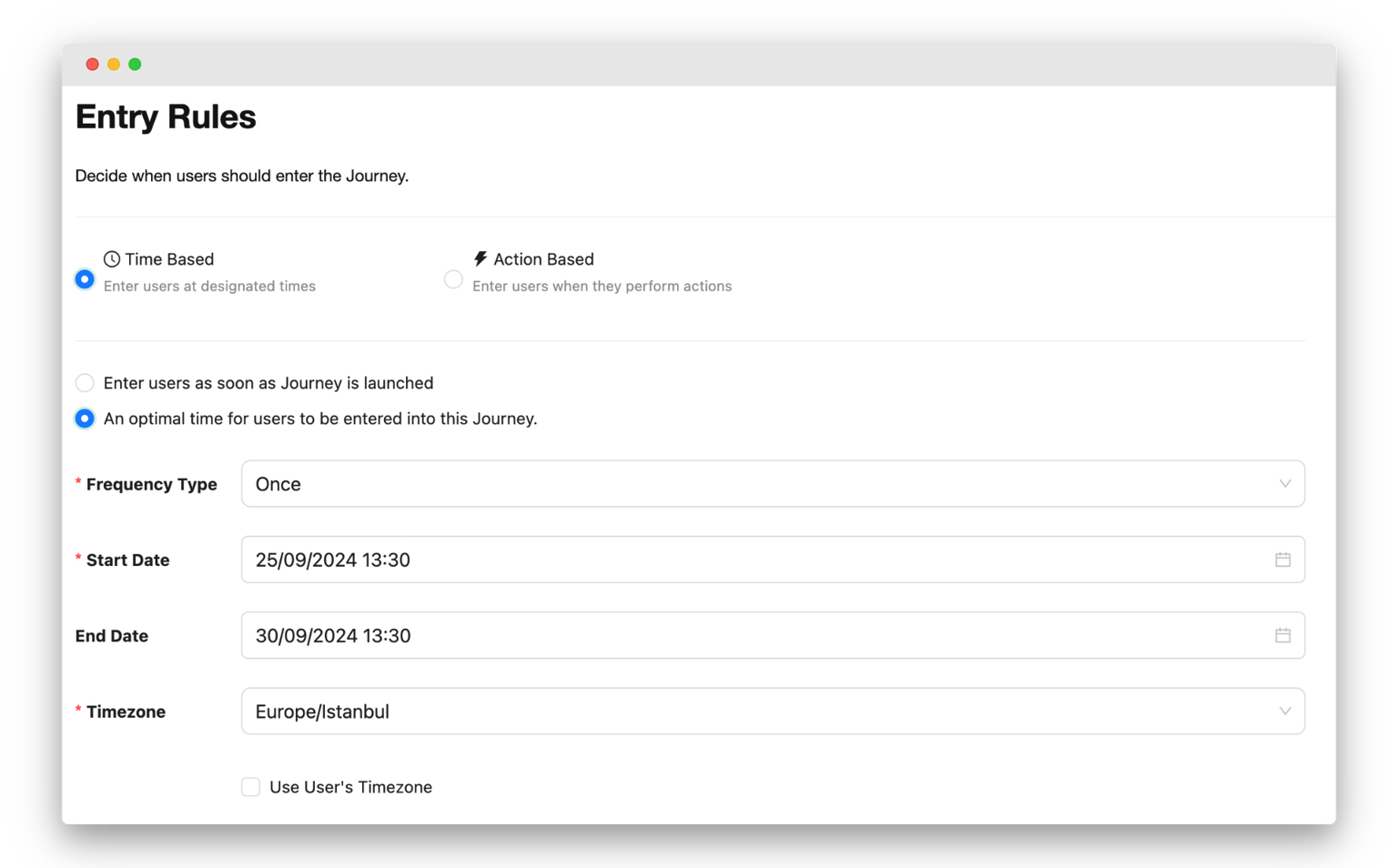A screenshot from the Netmera platform showing "Entry Rules" for a journey. Options are "Time Based" or "Action Based." The time-based rule is set to "An optimal time for users," with a Frequency Type of "Once" and specific Start/End Dates.
