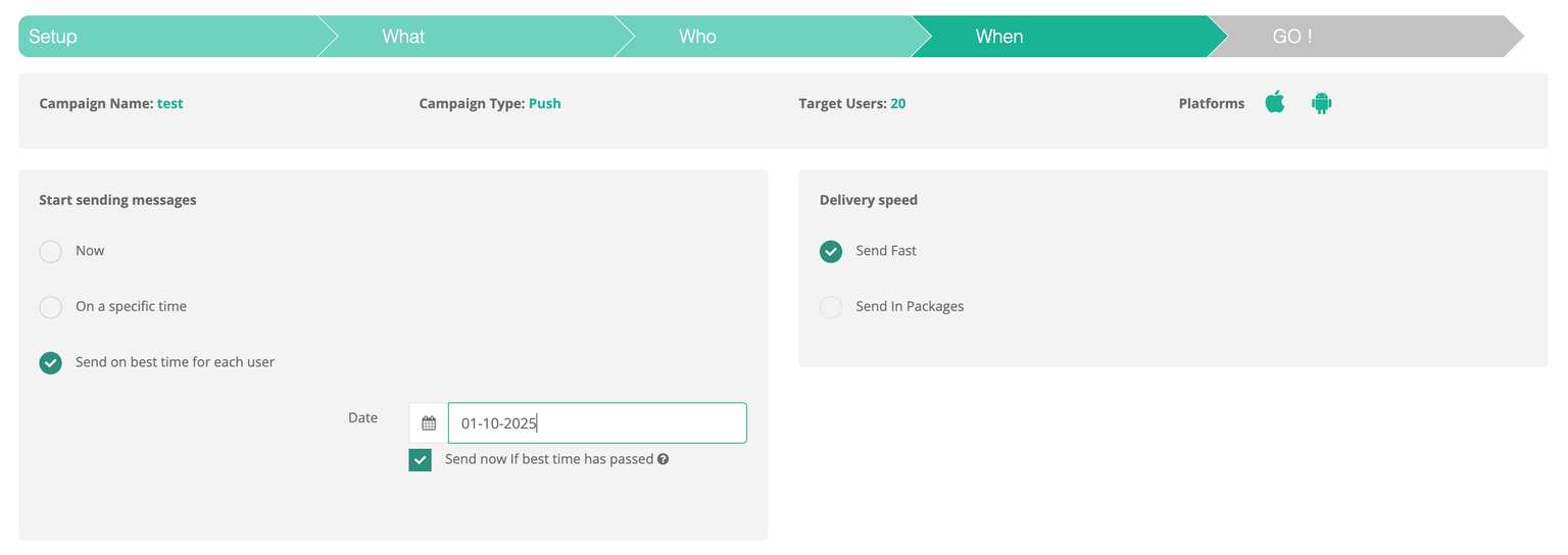 Netmera panel showing "When" settings with options to "Send on best time for each user" and "Send Fast" delivery speed for a push campaign.