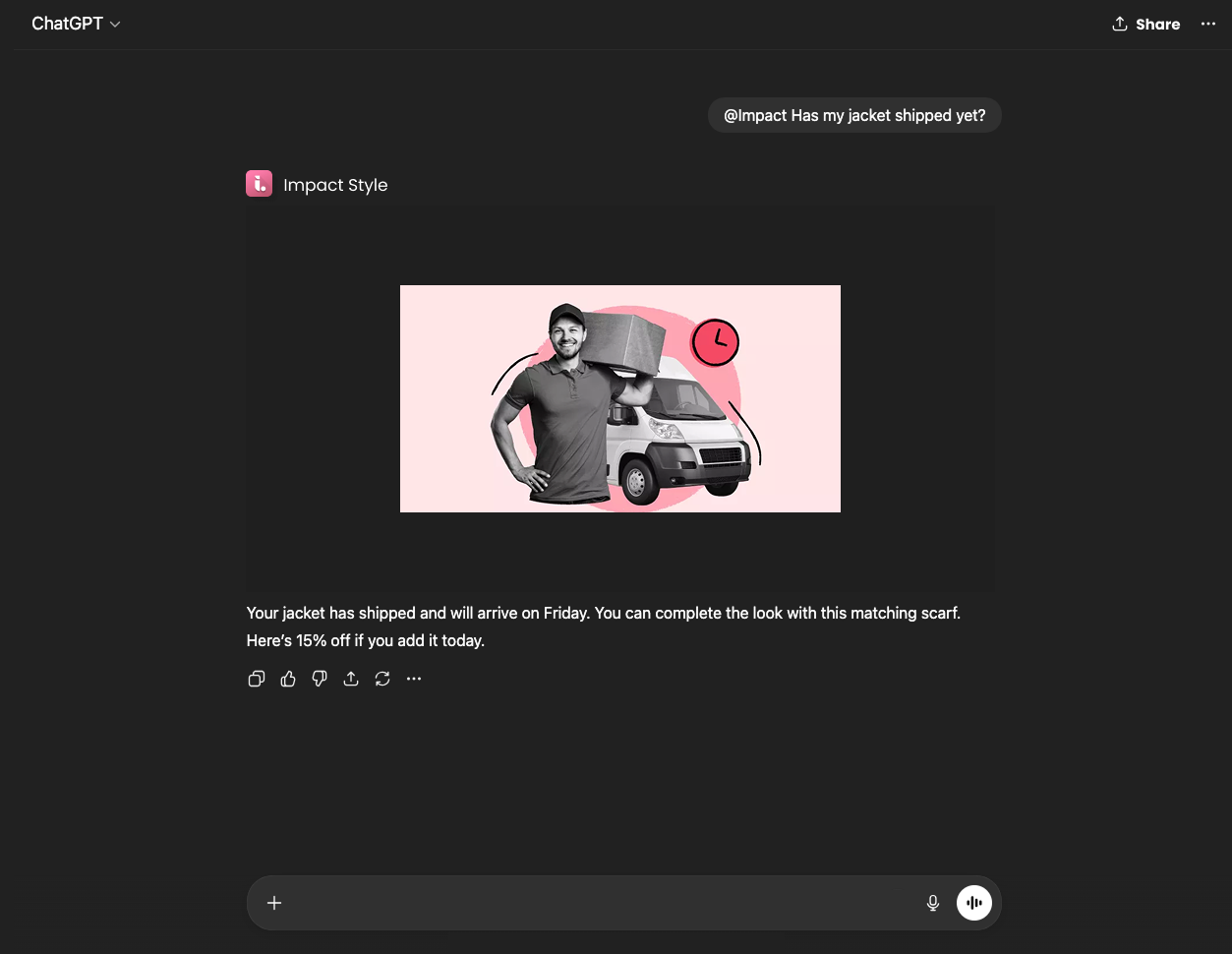 Screenshot of a ChatGPT interface where a user asks about a shipment. The "Impact Style" app responds with real-time tracking, a delivery image, and a personalized 15% discount for a cross-sell.