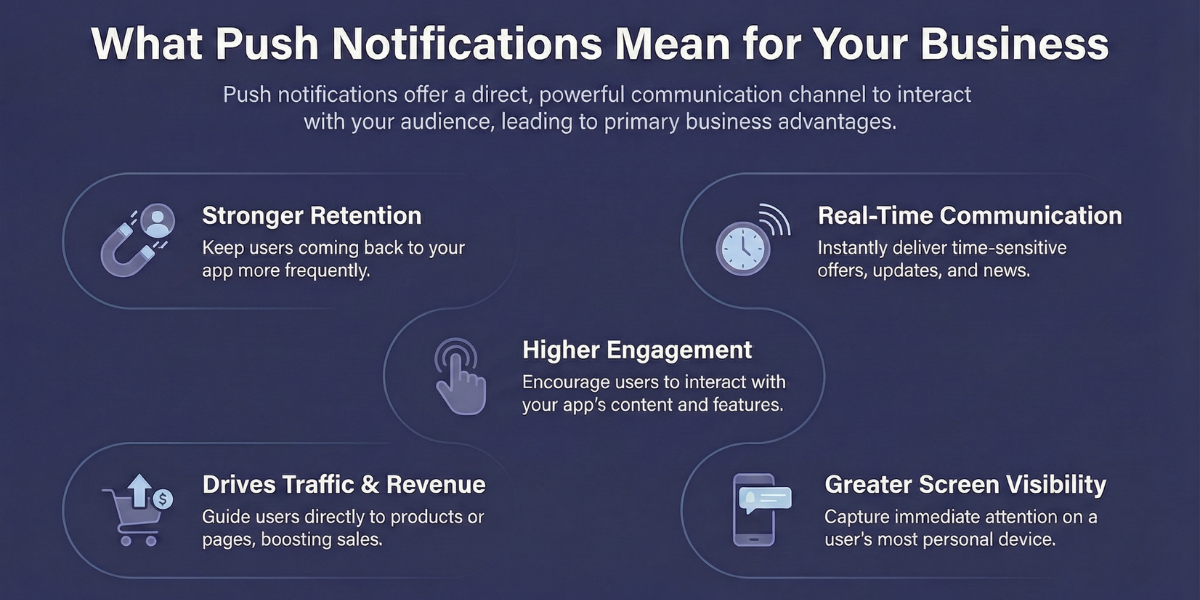 Infographic titled "What Push Notifications Mean for Your Business." It lists five benefits: Stronger Retention, Real-Time Communication, Higher Engagement, Drives Traffic & Revenue, and Visibility.