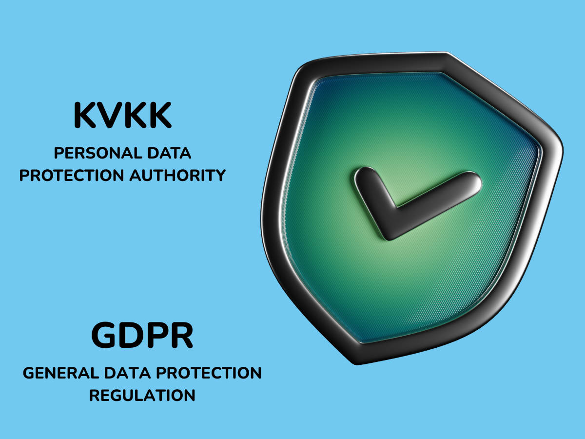 A green 3D shield with a checkmark sits beside text for "KVKK Personal Data Protection Authority" and "GDPR General Data Protection Regulation" on a light blue background.