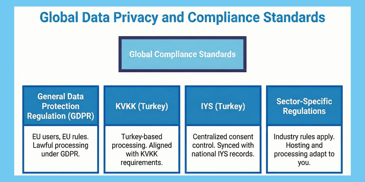 Chart titled "Global Data Privacy and Compliance Standards." It lists four categories: GDPR (EU), KVKK (Turkey), IYS (Turkey), and Sector-Specific Regulations with brief descriptions for each.