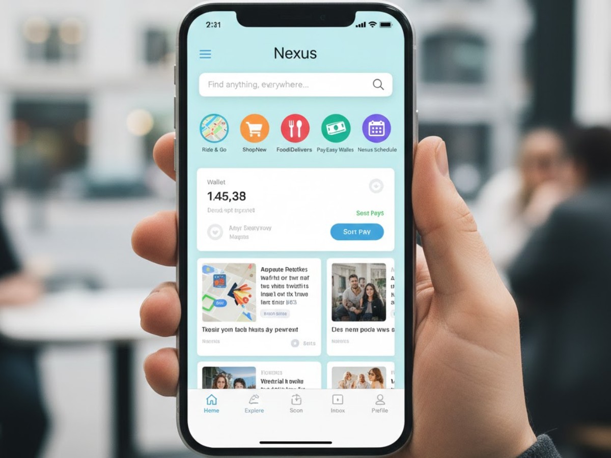 A hand holds a smartphone displaying "Nexus," a superapp interface with icons for ride-sharing, shopping, food delivery, and payments. A wallet balance and news feed are visible on the light blue screen.