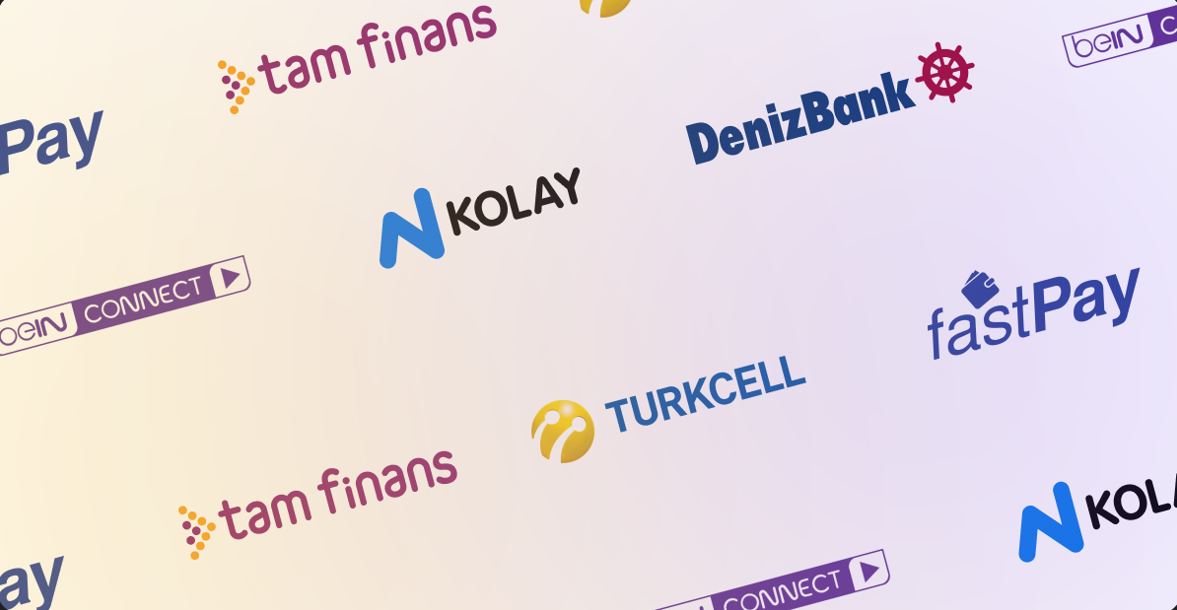 A collage of corporate logos including Tam Finans, N Kolay, DenizBank, Turkcell, fastPay, and beIN CONNECT, displayed diagonally across a light background.