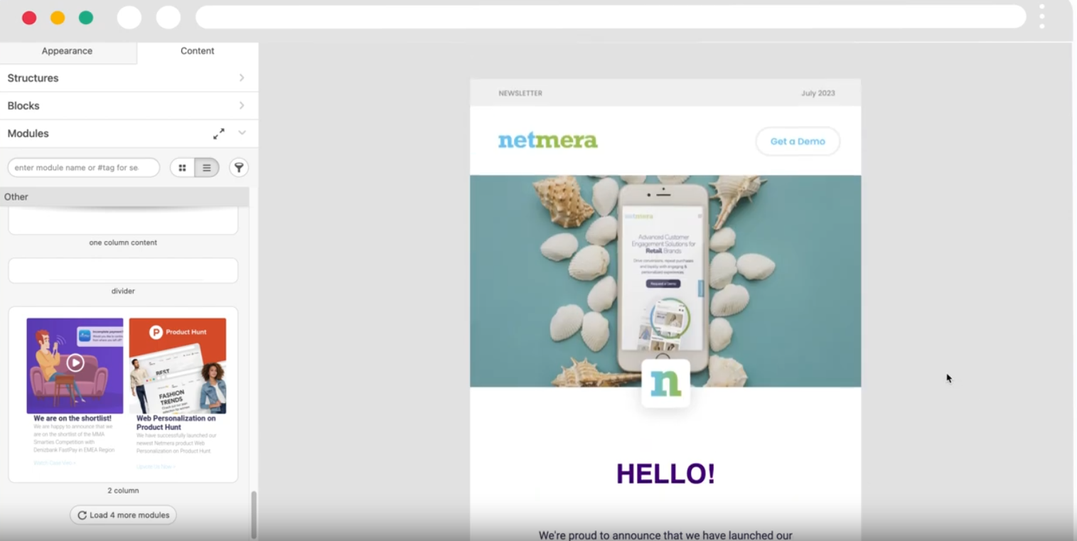 A software interface showing a drag-and-drop email editor. A "netmera" newsletter template is being customized on the right, with a sidebar on the left containing content blocks and modules.