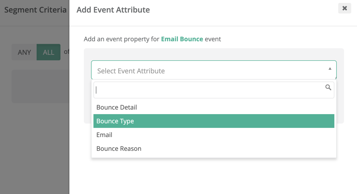 A screenshot of a software dashboard titled "Add Event Attribute" for an "Email Bounce" event. A dropdown menu is open, highlighting "Bounce Type" alongside other options like Bounce Detail.