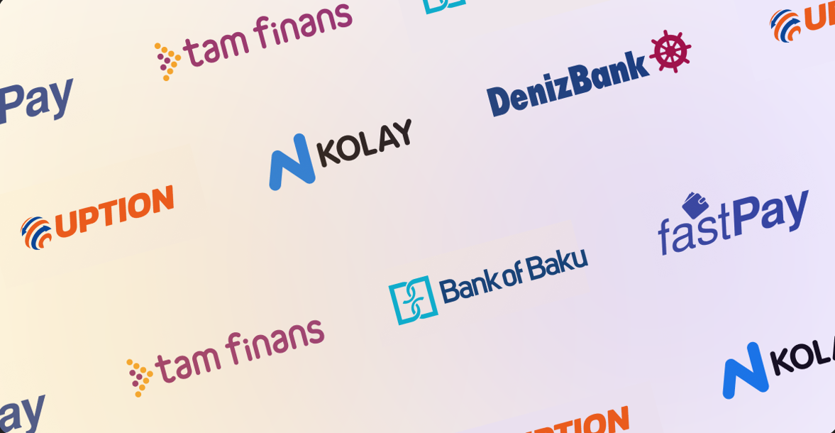 A collage of corporate logos including Tam Finans, N Kolay, DenizBank, UPTION, fastPay, and Bank of Baku, displayed diagonally across a light background. It shows some of Netmera's customers in financial services.