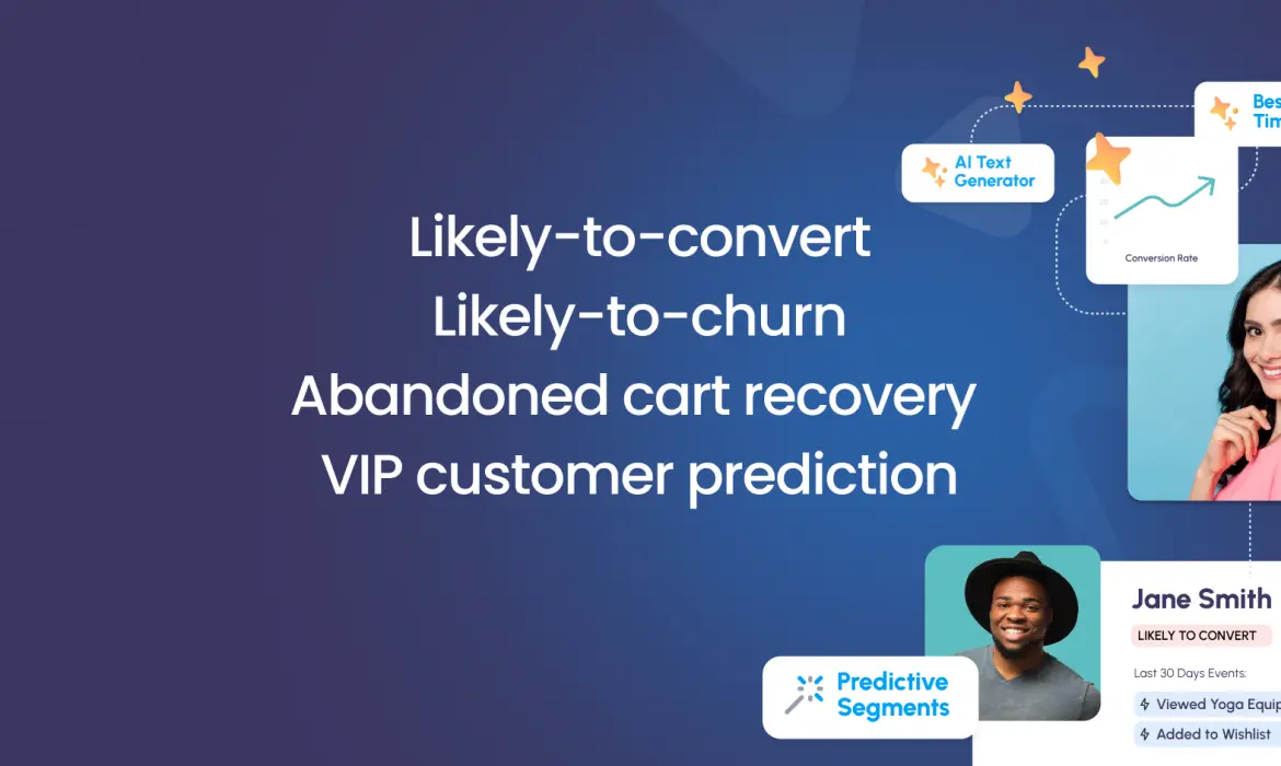 Graphic for "Predictive Segments" highlighting categories like Likely-to-convert, Likely-to-churn, and Abandoned cart recovery, featuring an AI text generator and customer profile icons.