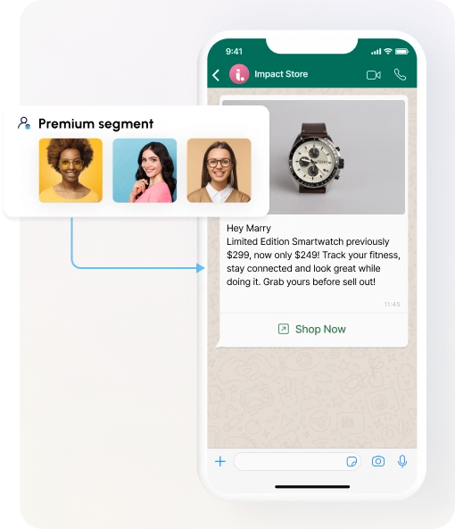 A smartphone displays a WhatsApp-style chat from "Impact Store" offering a limited edition smartwatch for $249. A "Premium segment" overlay shows three diverse customer avatars being targeted.