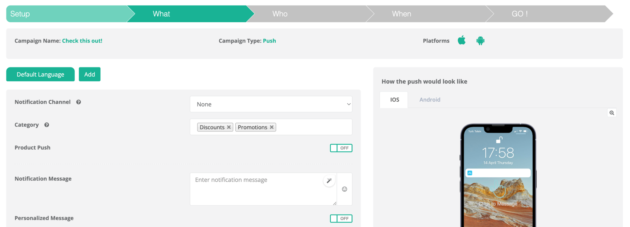 Netmera's campaign setup dashboard showing the "What" stage. Options include notification channel, categories like "Discounts," and a preview of how a push notification would look on an iOS lock screen.