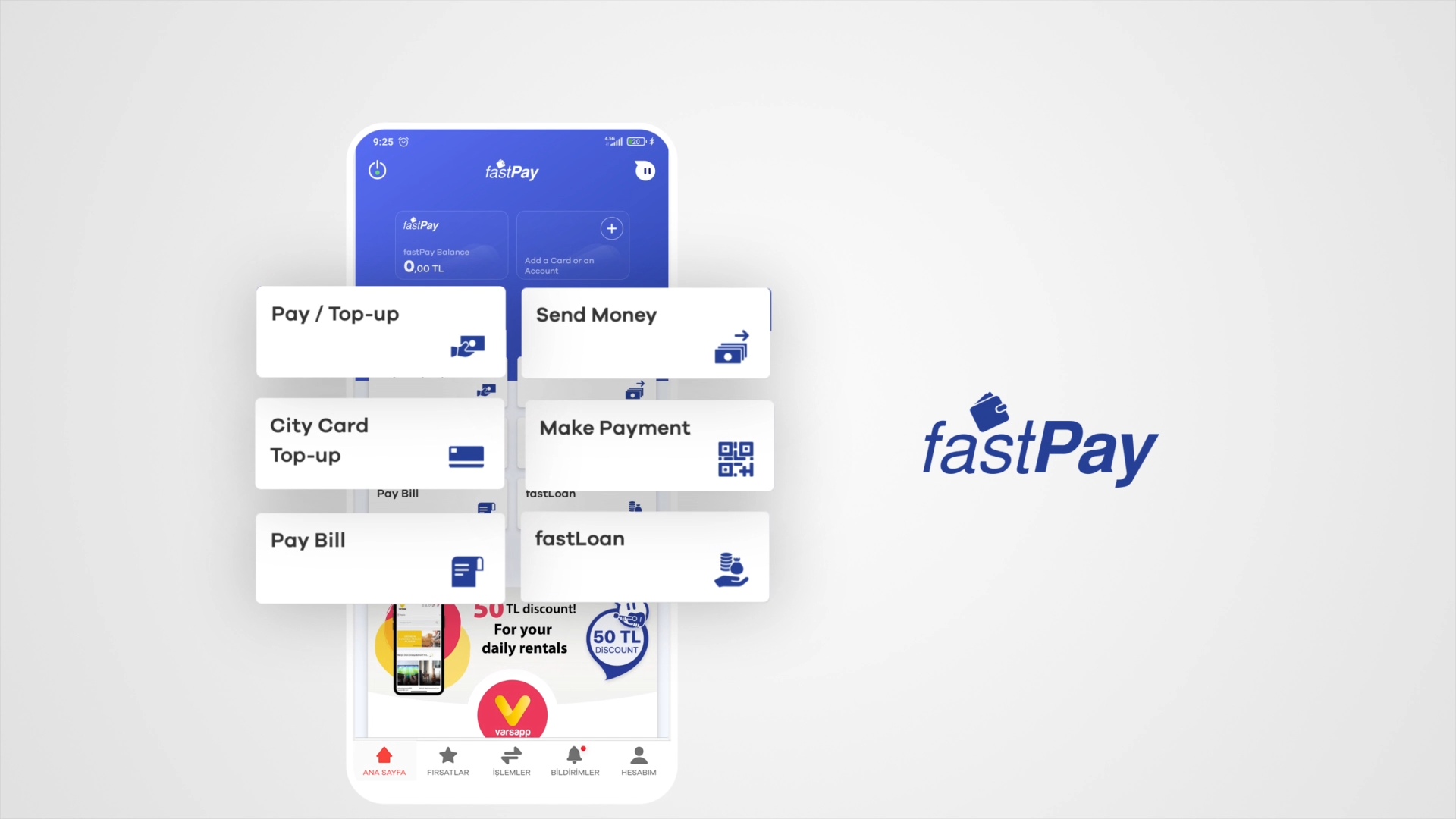 A mobile phone displays the fastPay app interface with menu options: Pay / Top-up, Send Money, City Card Top-up, Make Payment, Pay Bill, and fastLoan. The fastPay logo is shown to the right.